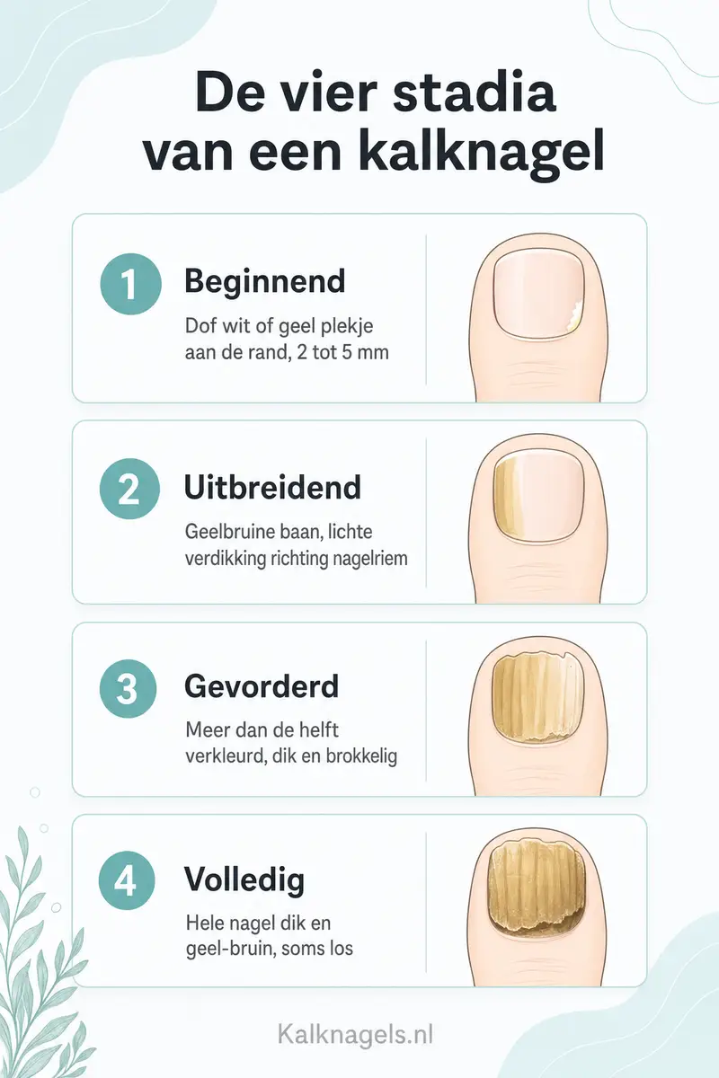 Infographic met de vier stadia van een kalknagel
