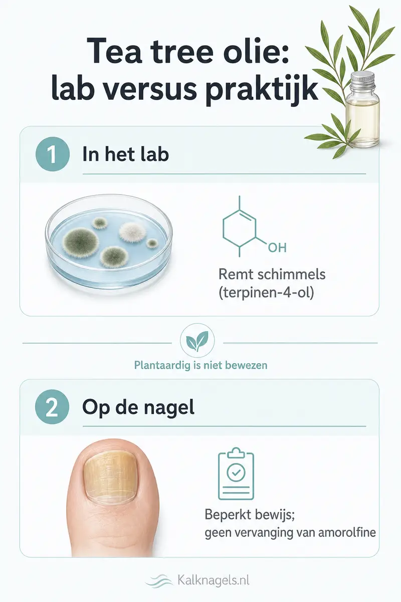 Infographic tea tree olie tegen kalknagels: lab versus praktijk