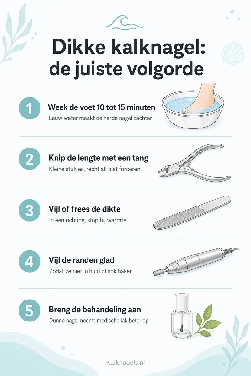 Infographic dikke kalknagel dunner maken in vijf stappen