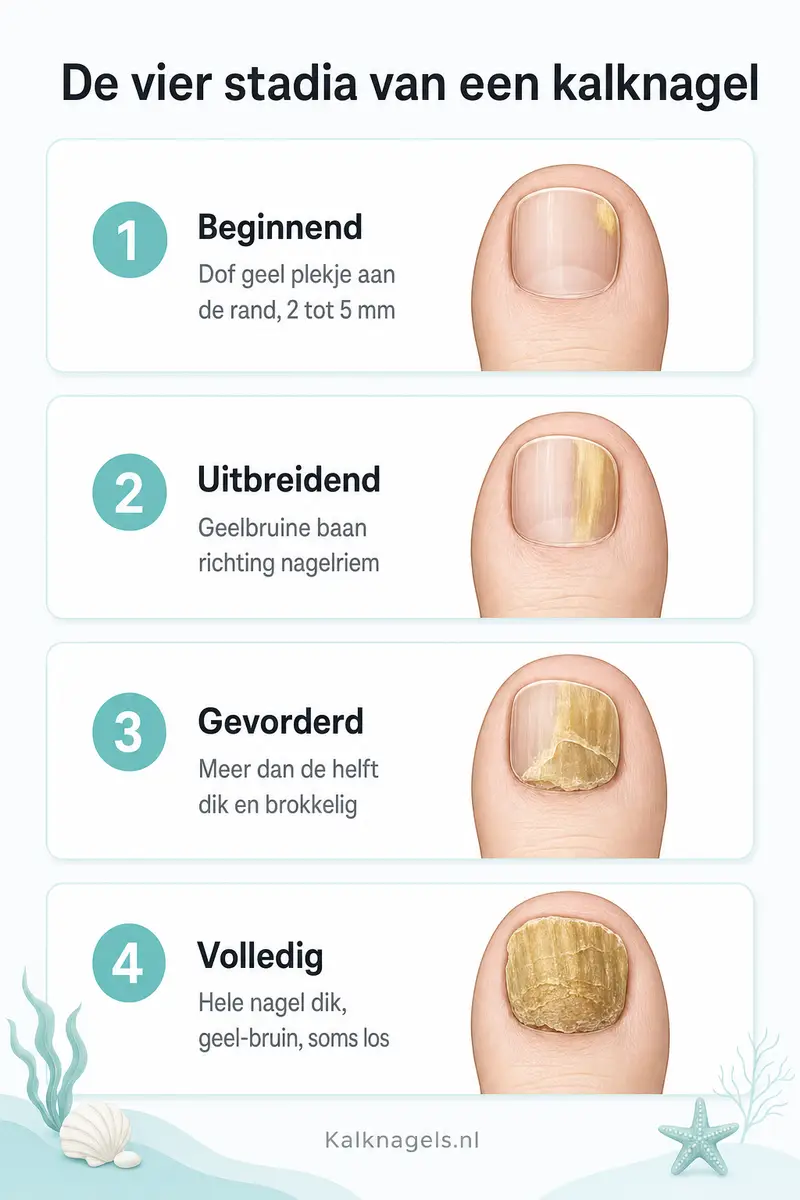 Illustratie van de vier stadia van een kalknagel, van beginnend tot volledig aangetast