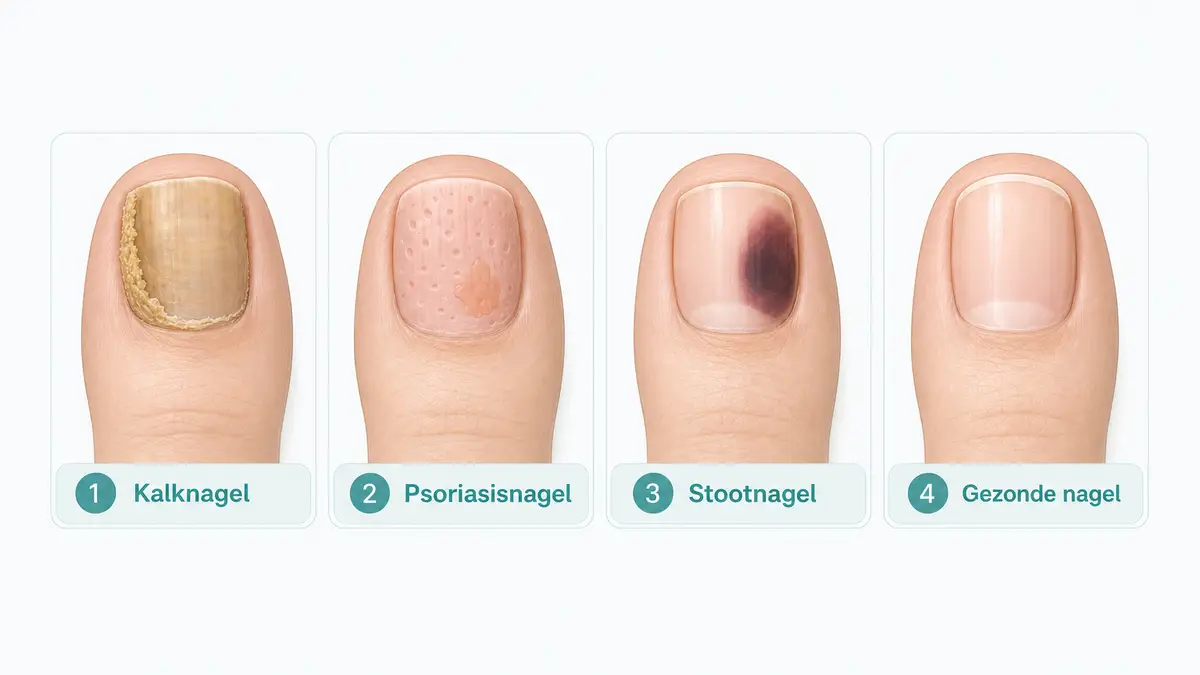 Illustratie van vier teennagels naast elkaar: een kalknagel met geel-bruine verkleuring vanaf de rand, een psoriasisnagel met putjes en een olievlek, een stootnagel met een scherp begrensde bloeduitstorting en een gezonde roze nagel