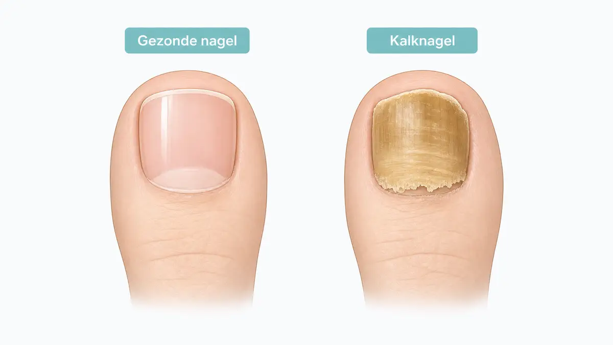 Illustratie die een gezonde teennagel naast een aangetaste kalknagel toont